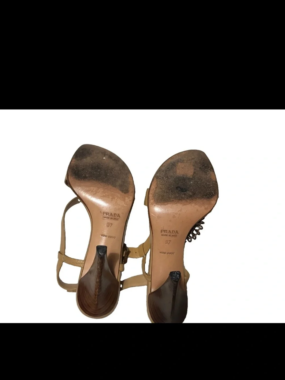 Prada Tan Leather Chain-Detail Heeled Sandals 37